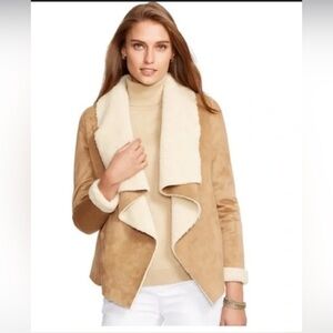 Ralph Lauren Tan Sherpa Suede Open Front Jacket, Women’s Petite XS fully linned